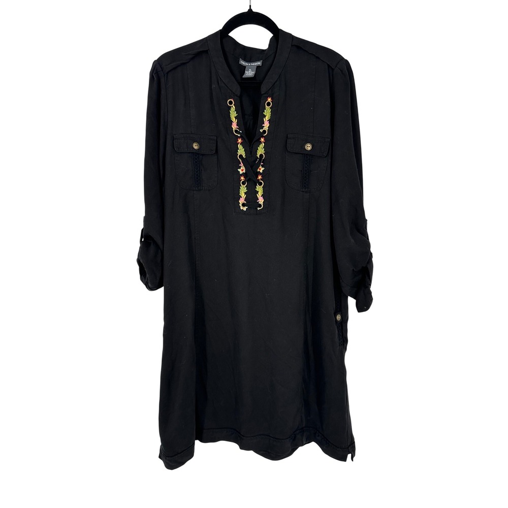 CHELSEA & THEODORE Black Embroidered Lace Up Tunic Dress Size XL